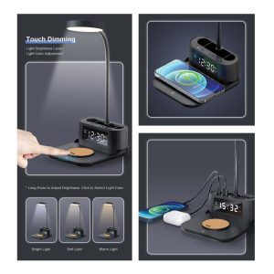 Desk Lamp with 15W Wireless Charger, Clock and Pen Holder - Image 3